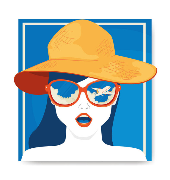 夏の帽子を被った女性の旅行ポスターと顔 - ベクター画像