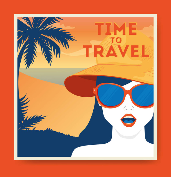 Плакат путешествия с женщиной и летним пейзажем
 - Вектор,изображение