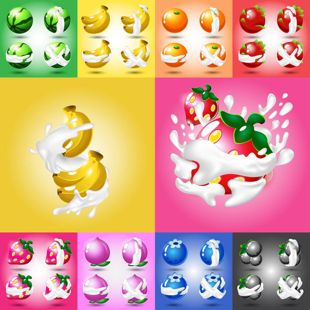 Set di vari frutti dei cartoni animati con spruzzi di latte. Collezione vettoriale
 - Vettoriali, immagini