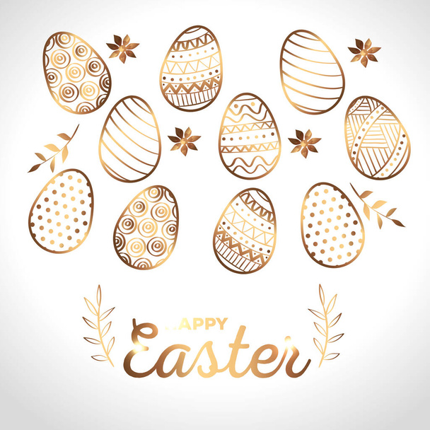 happy easter card golden with eggs decorated and flowers - Vektor, Bild