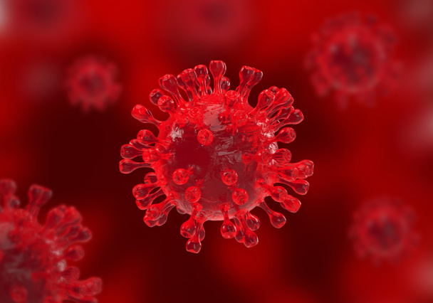 Kırmızı zemin üzerinde Covid-19 virüsünün mikroskobik görüntüsü veya pandemik koronavirüs 2019 hava yoluyla yayılan parçacıklar. 3B görüntüleme - Fotoğraf, Görsel