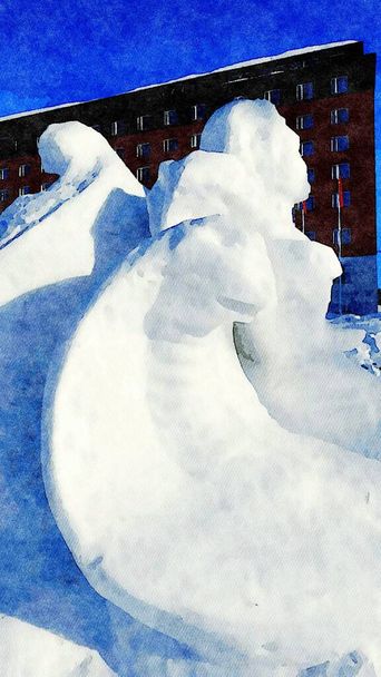 Kiruna, İsveç, 25 Şubat 2020. Kiruna şehrinin parkında buzdan heykelleri temsil eden suluboya. - Fotoğraf, Görsel