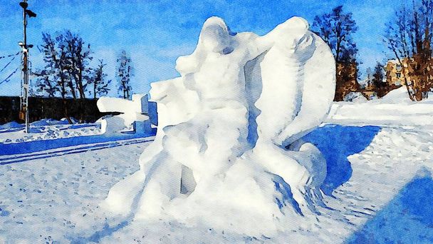 Kiruna, İsveç, 25 Şubat 2020. Kiruna şehrinin parkında buzdan heykelleri temsil eden suluboya. - Fotoğraf, Görsel