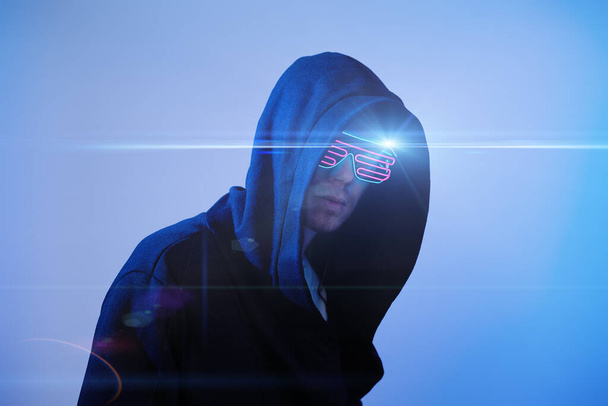 Man in hood and cyber glasses. Game character. - Photo, Image