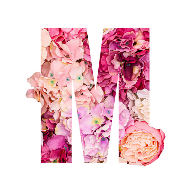 Letter M made of beautiful flowers on white background - Photo, Image