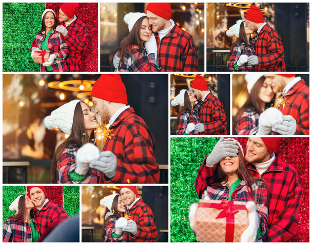 Κολάζ φωτογραφιών με ευτυχισμένο ζευγάρι σε εξωτερικούς χώρους την ημέρα του χειμώνα - Φωτογραφία, εικόνα