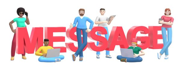 Word message on white background. Group of young multicultural successful people with laptop, tablet, phone. Horizontal banner cartoon character and website slogan. 3D rendering. - Φωτογραφία, εικόνα