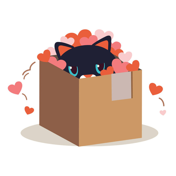 Het karakter van schattige kat in de doos en speel een hart op de witte achtergrond. Het karakter van schattige kat met hart in de doos. Het karakter van schattige kat in platte vector stijl. - Vector, afbeelding