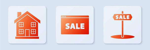 Asılma işaretini metin çevrimiçi satış, ev sembolü ve metin satışı ile ayarla. Beyaz kare düğme. Vektör - Vektör, Görsel