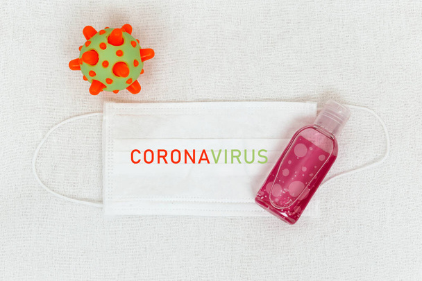 Abstract virus strain model of MERS-Cov or middle East respiratory syndrome coronavirus and Novel coronavirus 2019-nCoV with text on white (medical gauze) background. Virus Pandemic Protection Concept - Photo, Image