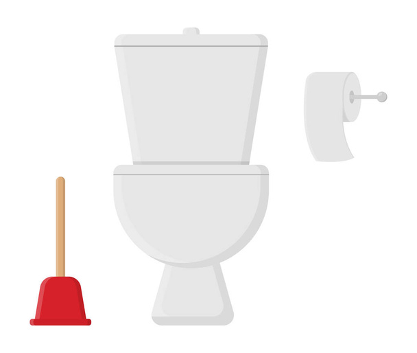 Keramische Toilettenschüssel, roter Kolben und weiße Rolle Toilettenpapier isoliert auf weißem Hintergrund. Cartoon-Stil. Vektorillustration für jedes Design. - Vektor, Bild