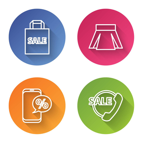 Set line Shoping τσάντα με πώληση, φούστα, έκπτωση τοις εκατό και τηλέφωνο και τηλέφωνο 24 ώρες υποστήριξη. Χρώμα κουμπί κύκλο. Διάνυσμα - Διάνυσμα, εικόνα