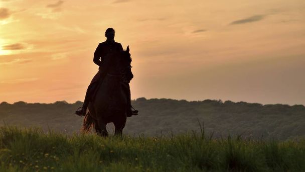 Menina monta um cavalo ao pôr do sol através de um prado, vista frontal. Silhueta de menina e cavalo
. - Foto, Imagem