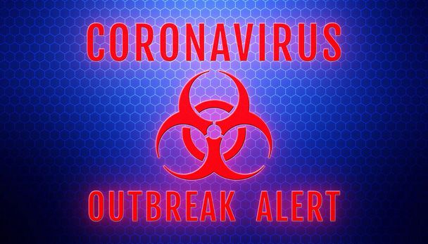 ilustrace zprávy coronavirus - varování před propuknutím nákazy a nápis biohazard červeně na modrém pozadí - Fotografie, Obrázek