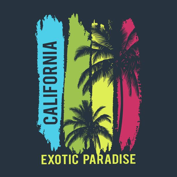 Калифорнийский экзотический рай. Векторный дизайн футболки с типографикой. Используется для модной одежды, футболки, принта, текстиля, баннера, флаера. Вектор изолирован
 - Вектор,изображение