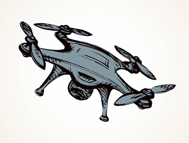 Modern RC oyuncak aygıt aygıtı araç çizgisi tasarımı açık beyaz görüntüde uçar. Siyah el çizimi web askeri hobi logosu taslak konsept çizimi gelecek çizgi film karikatür grafik stili - Vektör, Görsel