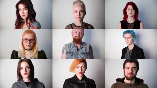 portretten van jonge moderne serieuze mensen in het atelier, collage - Video