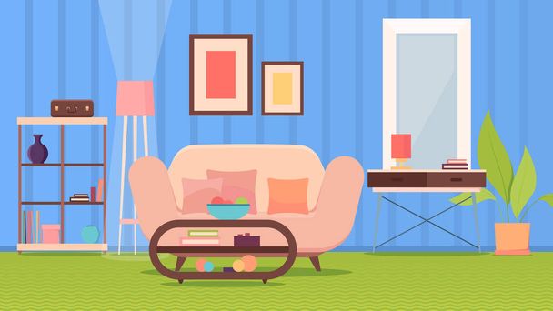 living room interior. modern furniture sofa coffee table bookshelves and paintings on walls. vector background - Vector, Image