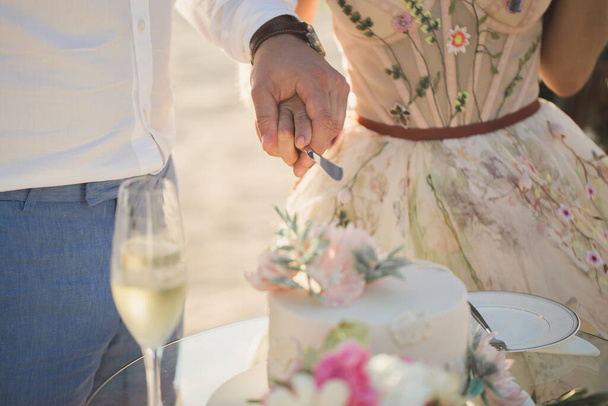 Bride and Groom at Wedding Reception Cutting the Wedding Cake. - Фото, изображение