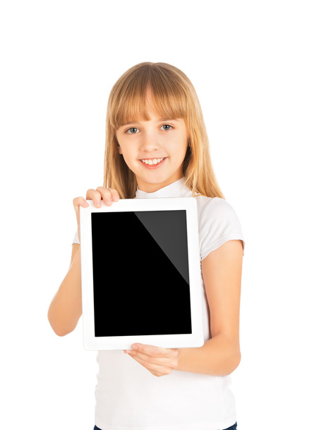 menina feliz criança com computador tablet em branco
 - Foto, Imagem
