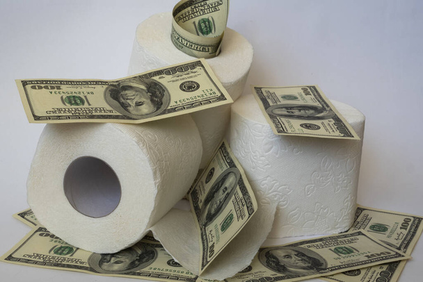 papier toaletowy i dolary na białym tle - Zdjęcie, obraz