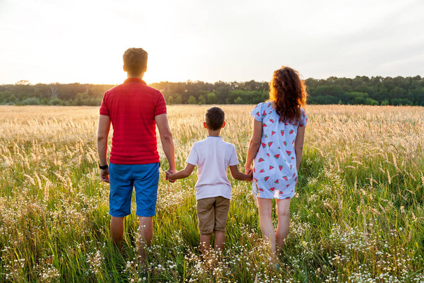 A husband, his wife, and a young son are posing on the wheat field at sunset.Pregnant family photo shoot in nature - Foto, imagen
