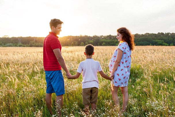 A husband, his wife, and a young son are posing on the wheat field at sunset.Pregnant family photo shoot in nature - Foto, afbeelding