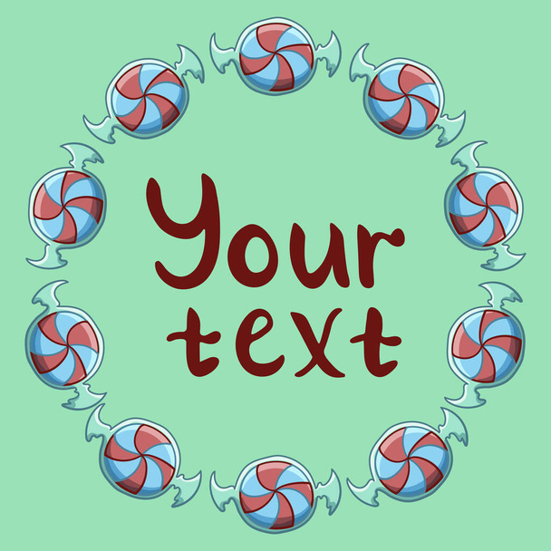Round frame made of red and blue stripped swirled candies in transparent wrapper. Your text inscription. Green background, vector. - Vector, afbeelding