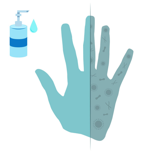 Tiszta és száraz kézi vektor illuusztráció folyékony szappanos flakonnal - Vektor, kép