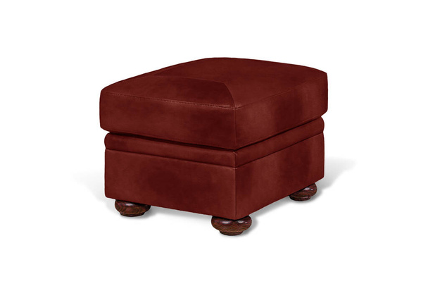 Taburete acolchado de cuero rojo vid con patas redondas de madera aisladas sobre fondo blanco. Serie de muebles
 - Foto, Imagen