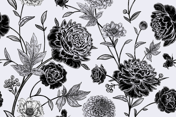 Virágos, zökkenőmentes minta. Kerti virágok bazsarózsa, ágak, levelek. Fekete-fehér vektor illusztráció. Kézreális rajz. Vintage. Dekoratív háttér papír, tapéta, nyári textil - Vektor, kép