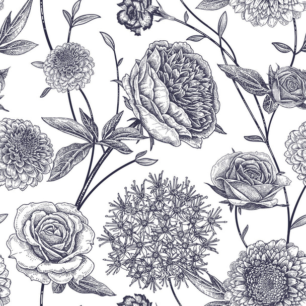 Floral seamless pattern. Garden flowers peonies, branches and leaves. Black and white vector illustration. Hand drawing. Vintage. Decorative background to create paper, wallpaper, summer textile. - Wektor, obraz