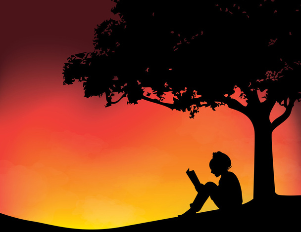 Young girl reading in sunset background vector illustration - Vector, Image