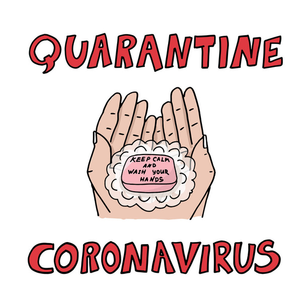 Handgezeichnetes Symbol, das die Bedeutung des Händewaschens für die Abtötung des Coronavirus COVID-19 zeigt. Waschen Sie Ihre Hände regelmäßig und gründlich mit Seife und Wasser. Vektorillustration. Karikatur 2019-nCov-Symbol. - Vektor, Bild
