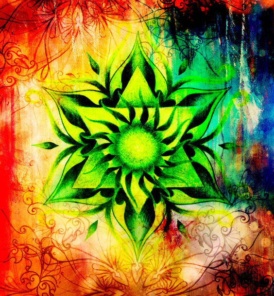 Farbe ornamentales Mandala und weich verschwommener Aquarell-Hintergrund - Foto, Bild