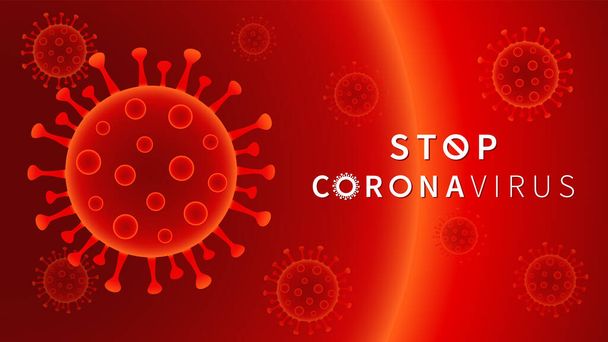 Концепція коронавірусу, зображення хвороби з червоним вірусом COVID-19 на задньому плані. Пандемічний спалах SARS nCOV, графічне творіння з типографією Stop Coronavirus - Вектор, зображення