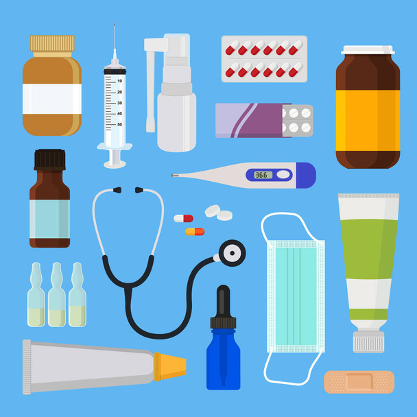 Geneeskunde. Geneesmiddelen. Masker, tabletten, spuit, pleister, zalf, spray, thermometer. Vectorillustratie - Vector, afbeelding