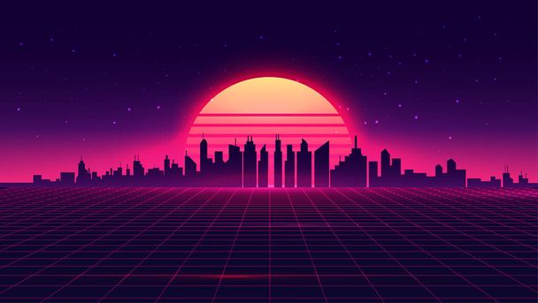 Retro futurisztikus szintethullám retrowave stílusú éjszakai városkép naplementével a háttérben. Borító vagy banner sablon retro hullám zene. Vektorillusztráció. - Vektor, kép