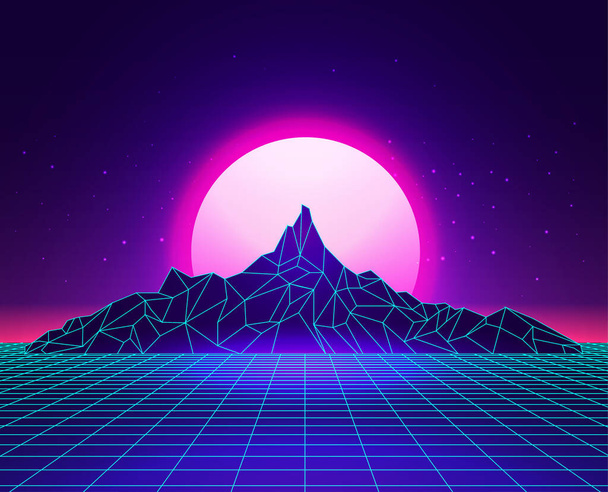 Vaporwave laser grid abstract berglandschap met zonsondergang op de achtergrond. Synthwave concept. Vectorillustratie - Vector, afbeelding