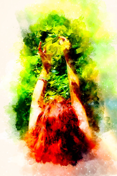 gentle prayer to a beautiful linden tree on bright midsummer day and softly blurred watercolor background - Photo, Image
