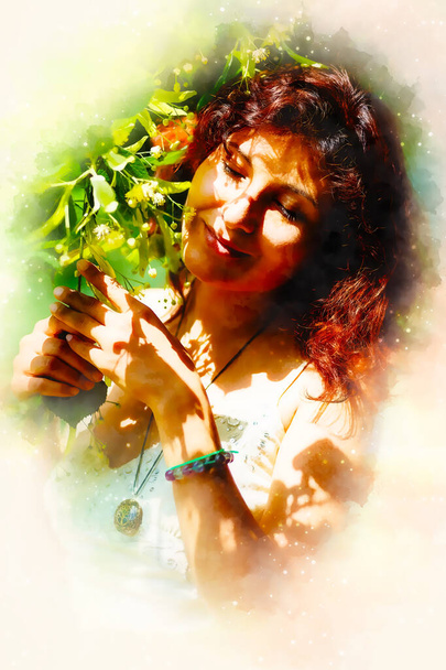 zacht gebed tot een mooie linde boom op heldere midzomerdag en zacht wazig aquarel achtergrond - Foto, afbeelding