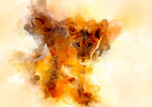 niedlichen Löwen und Graphit-Effekt. Weich verschwommener Aquarell-Hintergrund - Foto, Bild