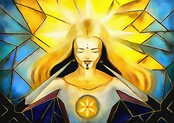 Işığın ve yaşamın güzel tanrıçası kendini haçların doruklarından kurtarıyor, mozaik tarzda resim yapıyor. - Fotoğraf, Görsel