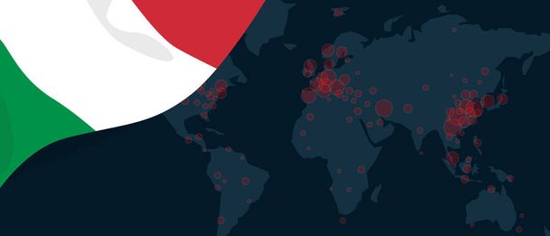 Карта мира вспышки пандемии вируса Короны-19 с иллюстрацией флага Италии
 - Вектор,изображение