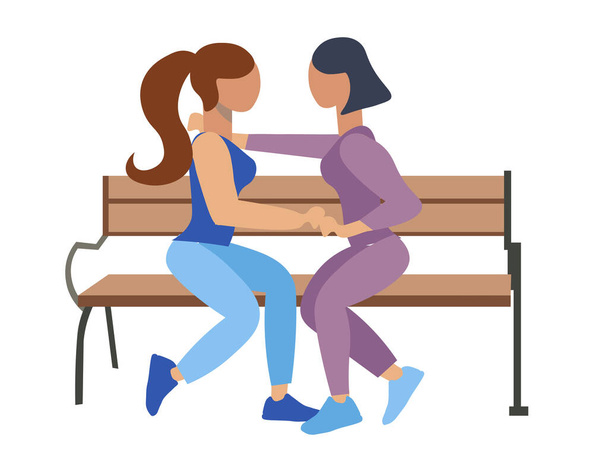 Homosexualität, Lesben. Zwei Mädchen sitzen romantisch auf einer Bank. Flacher Stil. Cartoon-Raster - Foto, Bild
