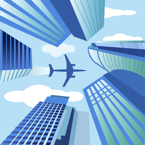 A téma az utazás repülővel, pihenés, kaland. A gép üzleti felhőkarcolók, toronyházak felett repült. Lapos stílus. - Fotó, kép
