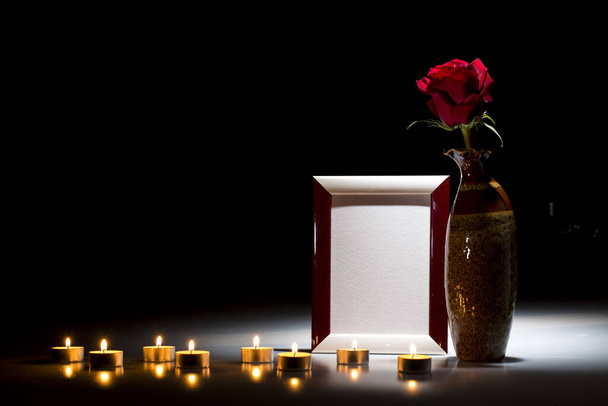 Blank mourning frame for sympathy card on dark background - Photo, Image