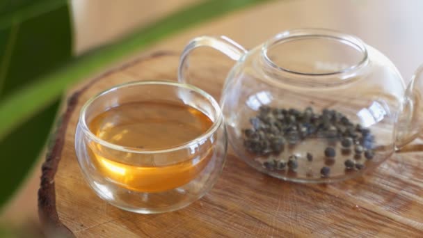 Method of brewing green tea in a transparent glass teapot - Imágenes, Vídeo