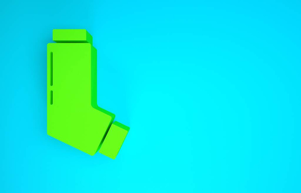 Zielona ikona inhalatora izolowana na niebieskim tle. Oddychaj w celu złagodzenia kaszlu, wdychania, pacjenta uczulonego. Aerozol do inhalacji astmy. Koncepcja minimalizmu. Ilustracja 3D 3D renderowania - Zdjęcie, obraz
