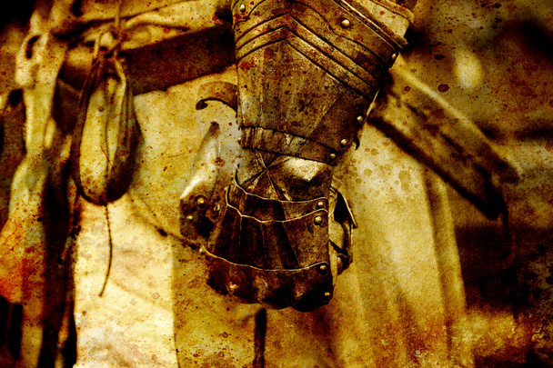 Detail ridderharnas. Handschoenen van een ridder. Sepia-effect - Foto, afbeelding